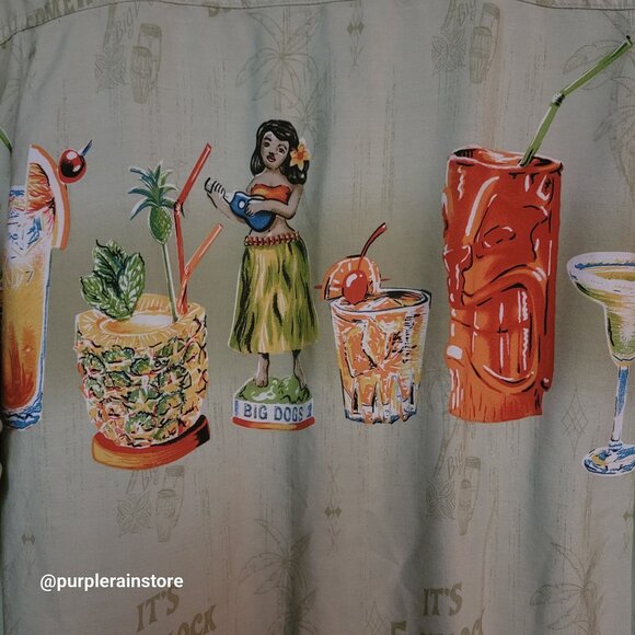 Vtg Big Dogs Hawaiian Camp Shirt 2X Pocket Green Tropical Drinks Vacation Y2K - Picture 5 of 15